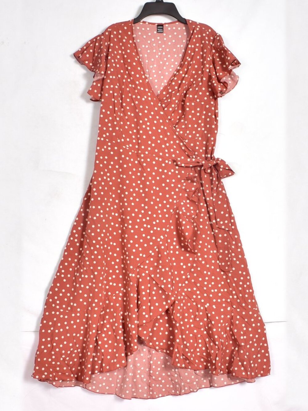 SHEIN Casual Wrap Dress Size Large Rust Polkadot With Flutter Sleeves